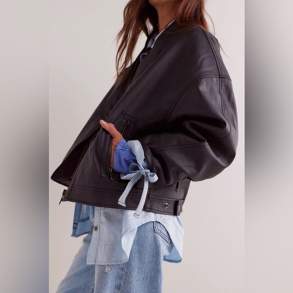 FREE PEOPLE NEW Vinny Vegan Black Bomber L - Picture 4 of 9